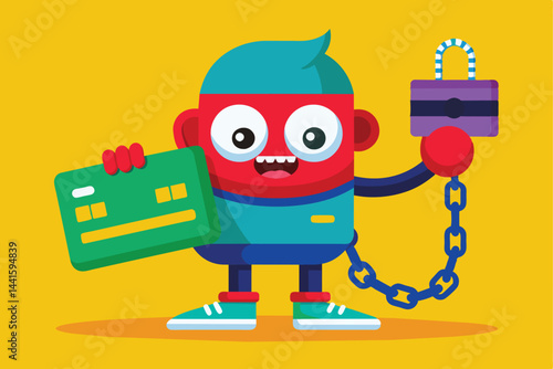 A vibrant cartoon character with red skin and blue hair smiles while holding a green credit card in one hand and a locked wallet connected by a chain in the other.