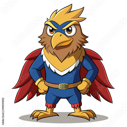 This cartoon depiction showcases a proud eagle character dressed in blue and red, exuding confidence with crossed arms and a fierce expression.