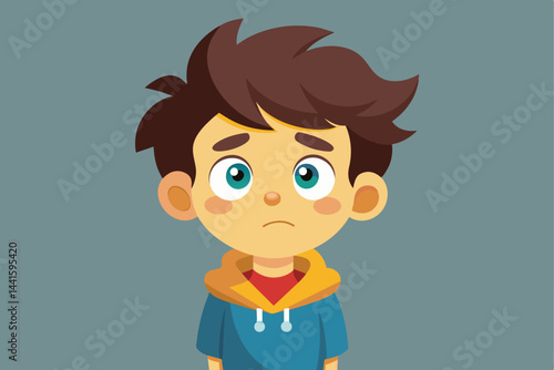 The young boy looks up with a worried expression, displaying large, expressive eyes and tousled hair, wearing a colorful hoodie and conveying deep emotions.