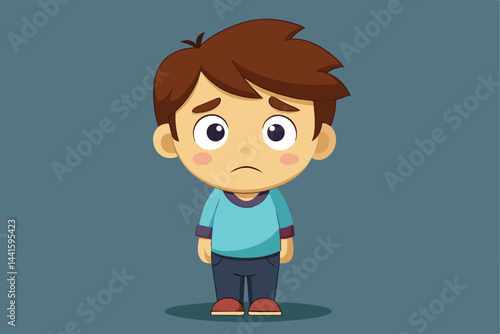 A cartoon boy appears visibly sad, standing with a downcast expression. He wears a blue top and dark pants, captured in a minimalist style against a soft backdrop.