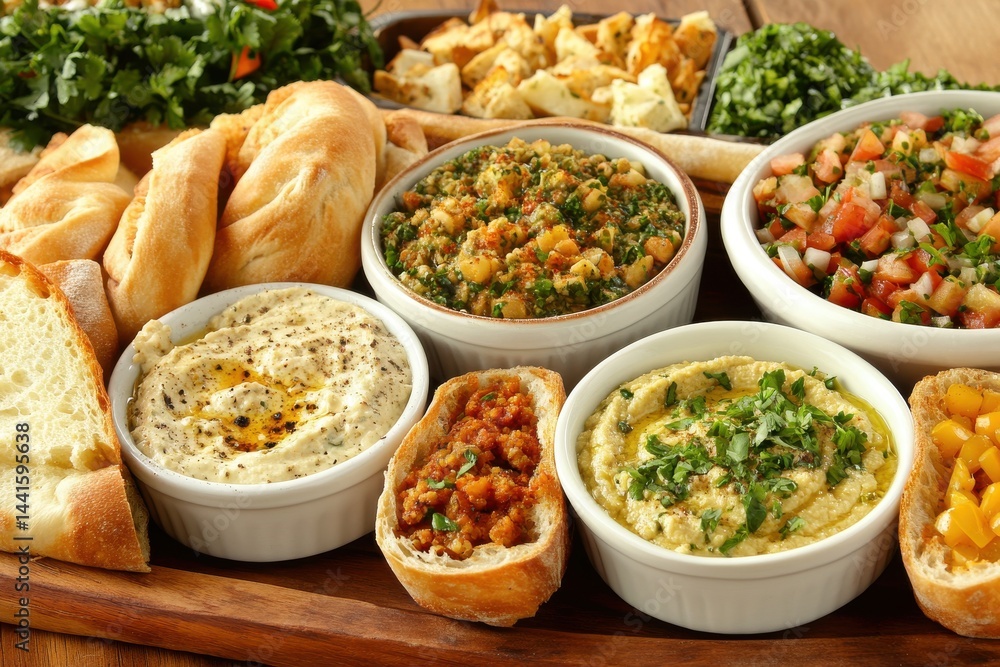 Delicious Mediterranean Appetizer Platter with Hummus Baba Ghanoush and Pita Bread Dip Food Meal Delicious Mediterranean Appetizer Platter with Hummus Baba Ghanoush and Pita Bread Dip Food Meal
