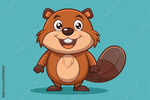 A cartoon beaver character with a friendly smile stands upright on a turquoise background. Its expressive features are designed to appeal to children and enhance creative storytelling.