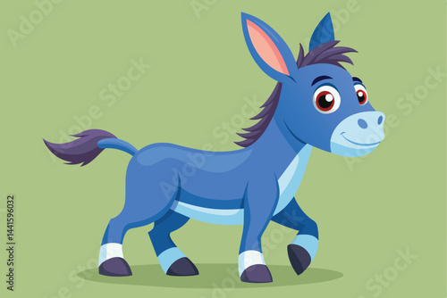 A cartoon-style blue donkey is seen walking joyfully with a friendly smile. Its vibrant appearance includes large ears and a bushy tail, set against a light green backdrop.