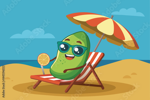 A playful avocado wears sunglasses while lounging on a beach chair, holding a slice of lemon. The vibrant ocean backdrop and sunny sky create a joyful summer atmosphere.