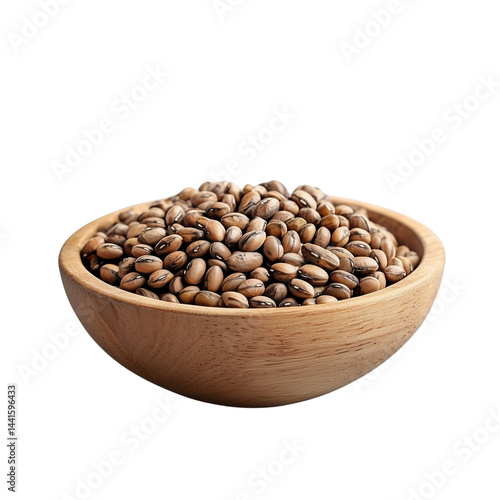 A wooden bowl filled with a large quantity of horse gram seeds showcasing natural textures and earthy tones. isolated on white background and transparent background