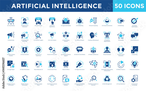 Artificial Intelligence icons set with ai virtual reality, ai based virtual characters, vr game design, immersive experiences, ai augmented reality, ai 3d modeling icon. Simple flat vector 
