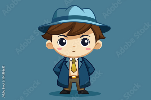 This charming character showcases a young detective style with a blue coat, matching hat, and a confident smile, embodying a playful and adventurous spirit.