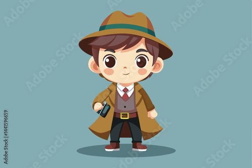 This cartoon character features a young detective in a brown trench coat and hat, gripping a magnifying glass, set against a light blue backdrop, embodying a playful investigative vibe.