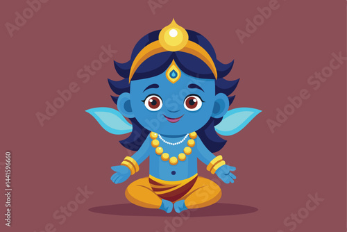 The colorful illustration features a playful blue-skinned deity with large expressive eyes, seated calmly while wearing traditional jewelry and a bright outfit.