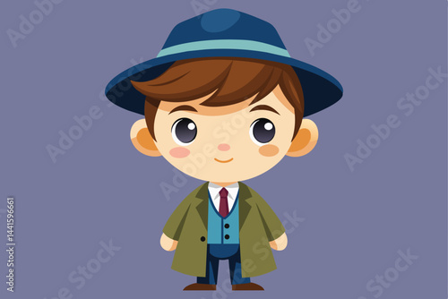 A cheerful cartoon detective with a stylish hat, blazer, and tie stands confidently on a flat purple background, embodying the essence of classic mystery solvers.