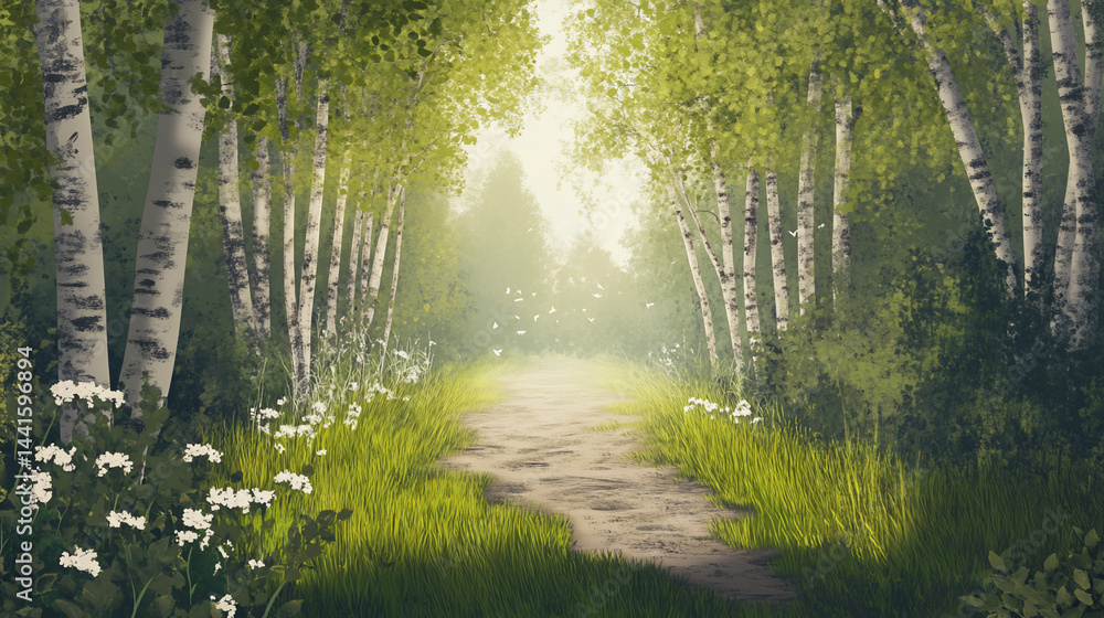 Obraz premium Sunlit Birch Forest Path