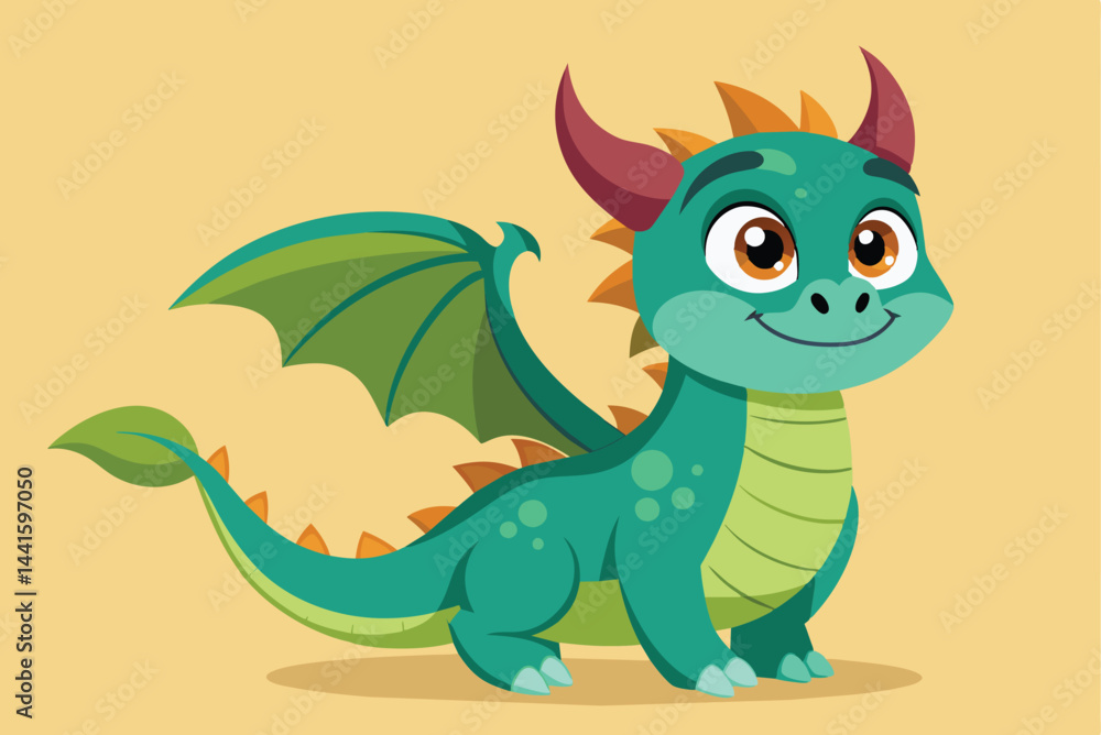 Obraz premium A friendly dragon character with big expressive eyes and colorful features is smiling widely, showcasing a playful and inviting demeanor, perfect for childrenâ€™s stories.