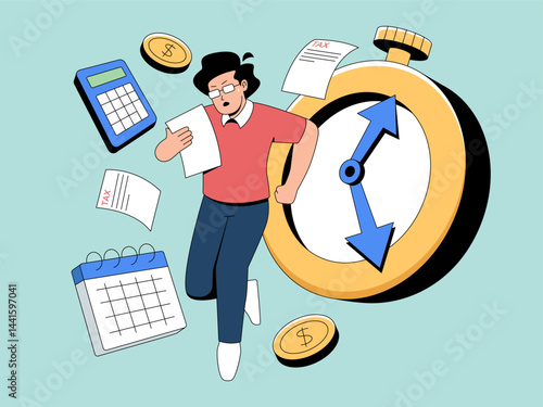 A person racing against the clock, amidst financial documents, coins, calendar and calculator with anxiousness in a flat style illustration. 