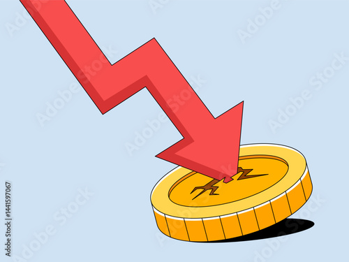 A powerful graphic visualizing a concept of financial decline as a bold red arrow crashes down towards a gold coin, illustrating economic downturn.