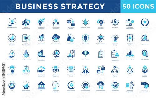 Business Strategy icons set with business plan, vision, mission, goal setting, strategy, swot, competitive advantage, market research, business model, strategic alignment icon. Simple flat vector 
