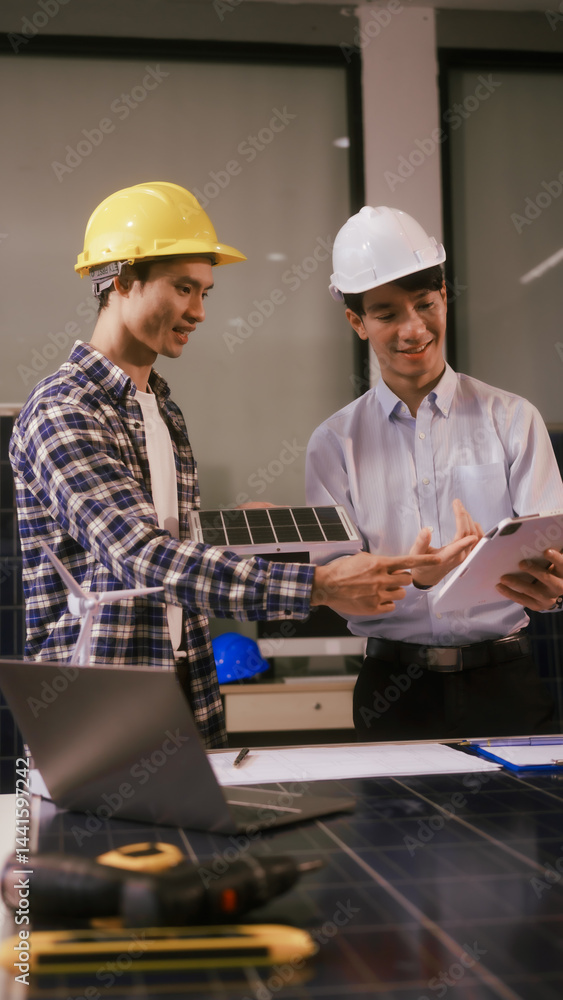 Two Asian businessmen wearing engineer hats table, discussing solar panels and wind turbines. They plan environmental projects, focusing on solar energy solutions and renewable energy installations Two Asian businessmen wearing engineer hats table, discussing solar panels and wind turbines. They plan environmental projects, focusing on solar energy solutions and renewable energy installations