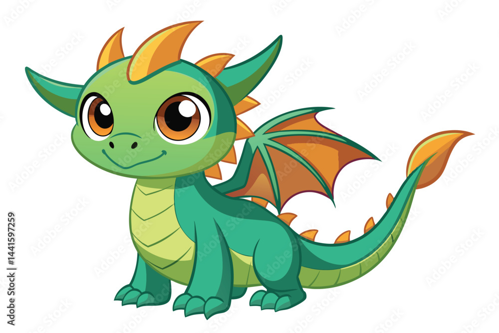 A playful dragon character with green scales and orange highlights sits with a happy expression, ideal for children's tales or animated series aimed at young audiences. A playful dragon character with green scales and orange highlights sits with a happy expression, ideal for children's tales or animated series aimed at young audiences.