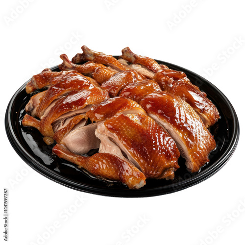 Peking Duck on a black large plate isolated on white or transparent background