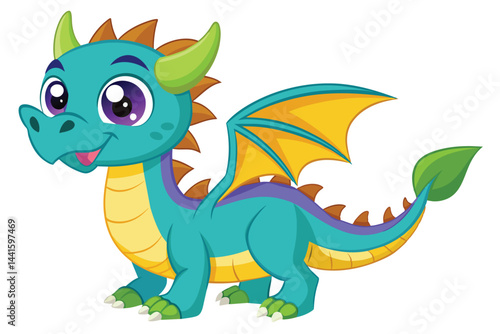 A charming cartoon dragon stands cheerfully with its bright turquoise body and colorful wings. Its friendly face showcases large, expressive eyes.