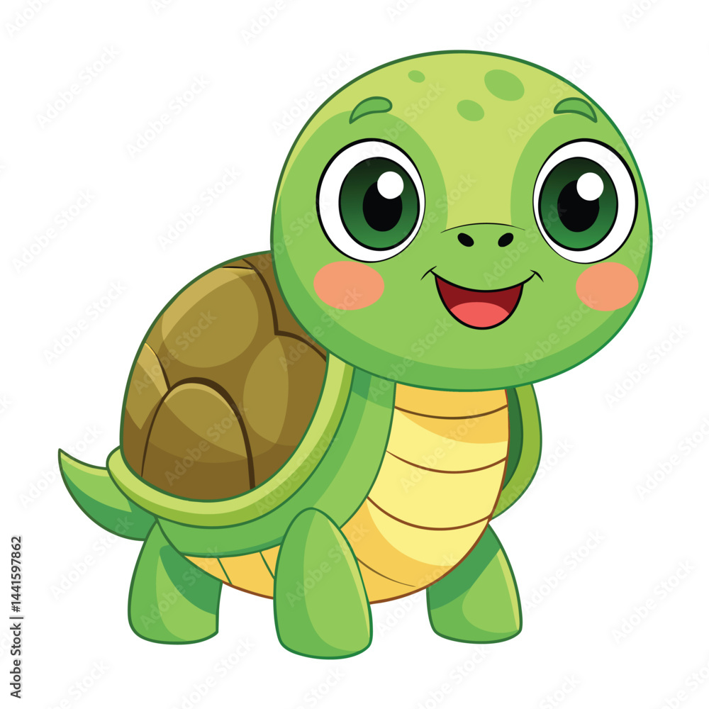 Fototapeta premium A cheerful cartoon turtle stands brightly, showcasing its vibrant green body, friendly expression, and detailed shell, ideal for kids' content and learning tools.