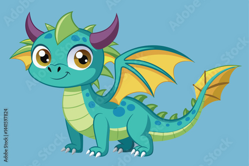 A small, adorable dragon with green and blue scales, large expressive eyes, and vibrant yellow wings stands cheerfully against a bright blue backdrop.