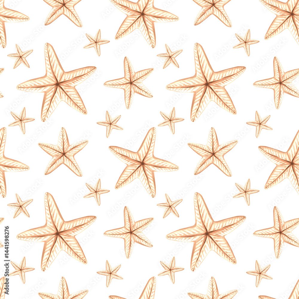 Striped starfishes watercolor seamless pattern. Hand drawn illustration fo nautical design. Oceanic reef animals in scketch style. Underwater background. Marine Mediterranean template for wallpaper. Striped starfishes watercolor seamless pattern. Hand drawn illustration fo nautical design. Oceanic reef animals in scketch style. Underwater background. Marine Mediterranean template for wallpaper.