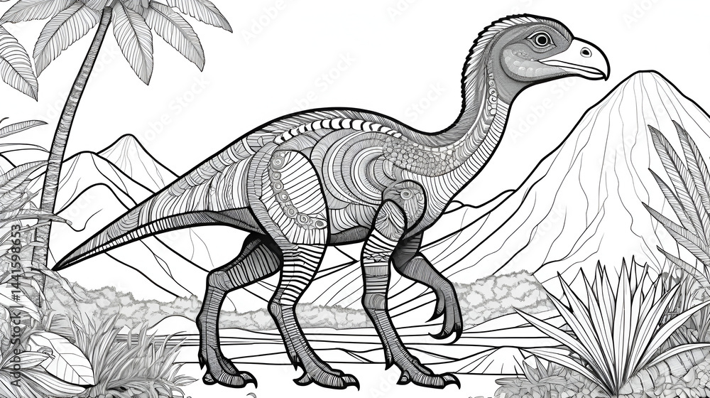 Fototapeta premium Oviraptor Dinosaur Black White Linear Doodles Line Art Coloring Page, Kids Coloring Book