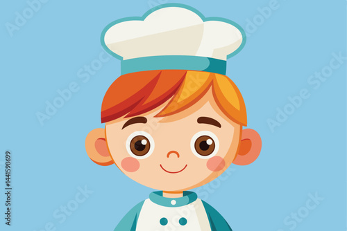 A young chef, with brown and blonde hair and wearing a white chef's uniform, smiles warmly while showcasing a passion for culinary arts in a cheerful cartoon style.