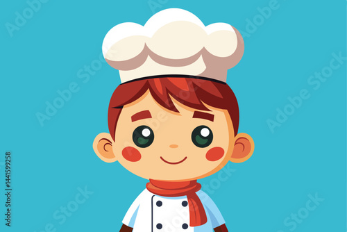A young chef sports a tall, white hat and a matching chef's coat, showing a friendly smile with rosy cheeks, exuding warmth and enthusiasm in a colorful setting.