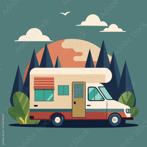 Camping Vehicle vector illustration Luxury RV parked at modern glamping resort