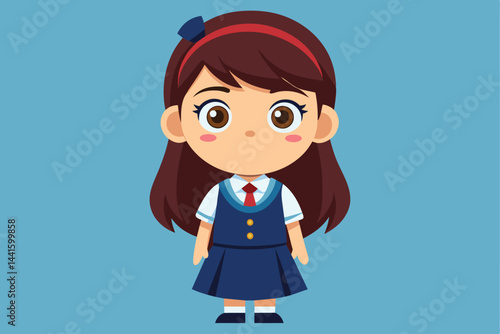 This character features a young girl in a school uniform, complete with a blue dress and a red headband, radiating a friendly and approachable demeanor.