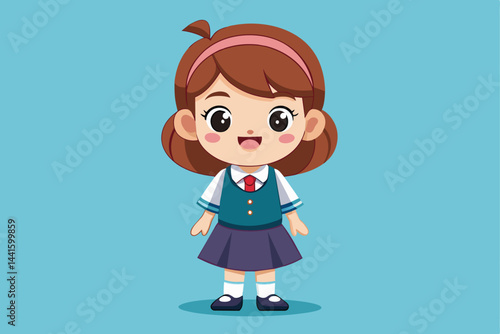 A cheerful young girl wearing a school uniform stands against a blue background, smiling warmly. Her playful expression adds a joyful touch to the vibrant scene.