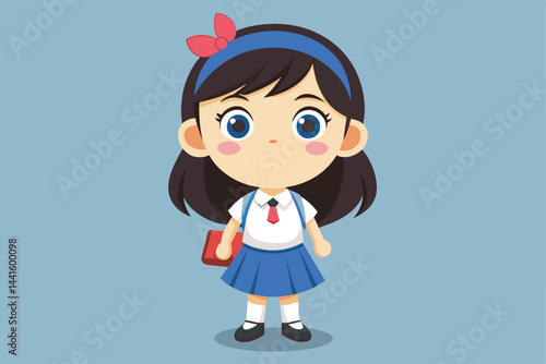 A charming schoolgirl character stands upright, showcasing her uniform, hairband, and holding a book. Her expression conveys curiosity and enthusiasm for learning.