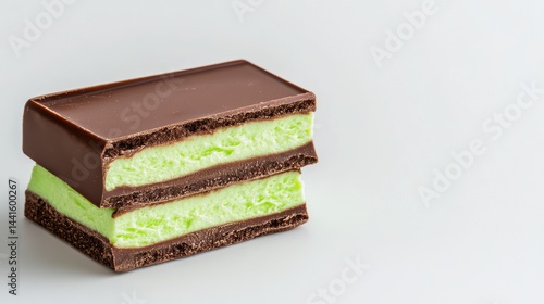 Obraz na płótnie Dubai Chocolate Kunafa Pistachio on white background,Dubai Chocolate bar with green kadayif and pistachio spread,popular and viral chocolate 2024,space for text. w salonie