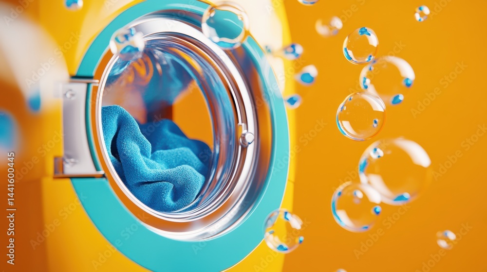 Obraz premium Interior with washing machine and soap bubbles,realistic automatic washing machine with a front loading with blue soup bubbles,Realistic illustration,Home appliance concept.