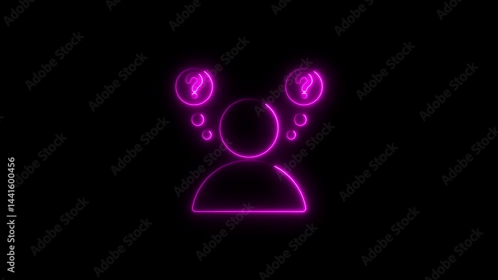 Neon person with question marks thinking symbol animated on black background