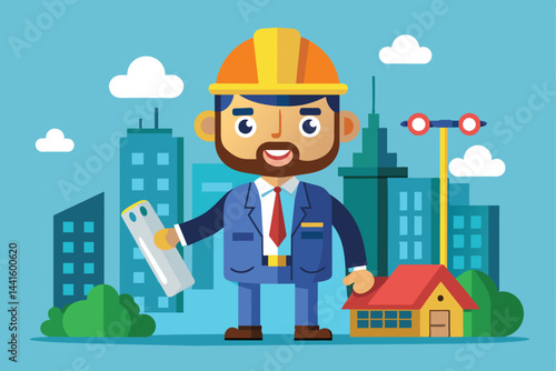 A construction worker in a hard hat and suit stands confidently with blueprints in hand, surrounded by city buildings and a small house on a sunny day.