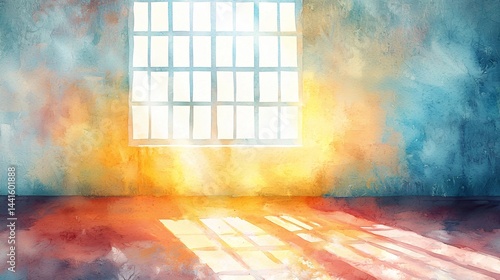 A serene room with a window bathed in soft light creating a calming ambiance through pastel abstract watercolor painting techniques