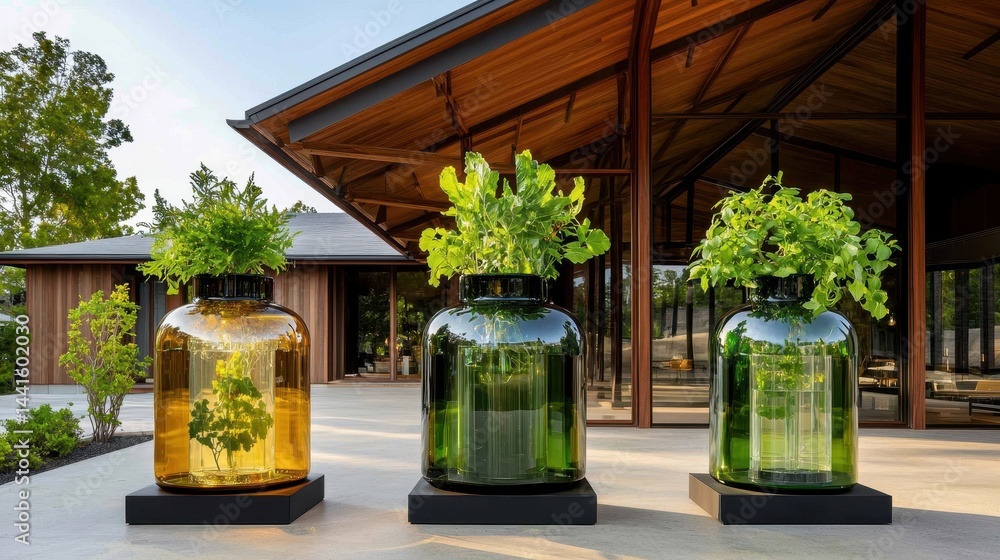 Eco-Friendly Urban Garden with Transparent Jars for Sustainable Design and Green Living Inspiration