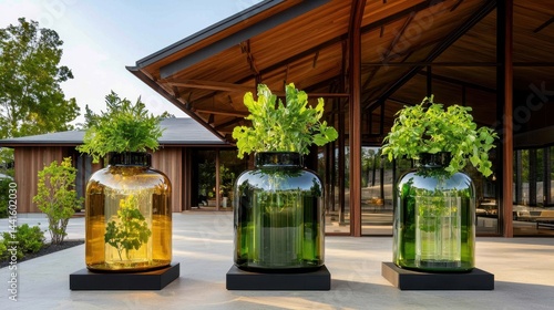 Obraz na płótnie Eco-Friendly Urban Garden with Transparent Jars for Sustainable Design and Green Living Inspiration w salonie