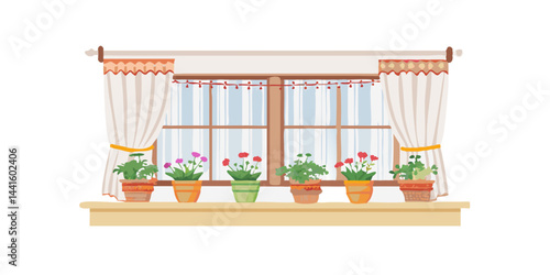 Window with flower pots and curtains illustration