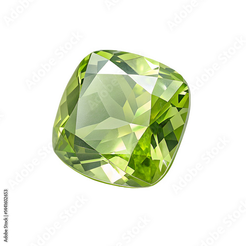 Side view of a peridot gemstone with a cushion cut, showcasing its smooth facets and vibrant green hue
