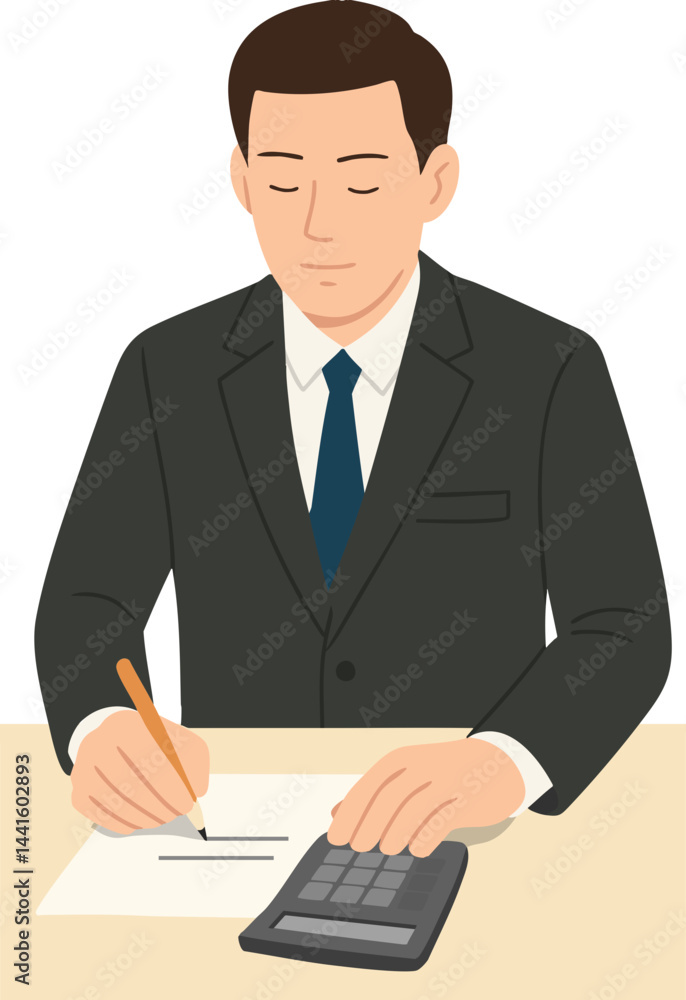 Businessman writing on document with calculator. Office accounting or finance concept, vector illustration.직장인,회사원,회계,세무,회계사,세무회계,계산기,계산하는,세금,사람,일러스트 Businessman writing on document with calculator. Office accounting or finance concept, vector illustration.직장인,회사원,회계,세무,회계사,세무회계,계산기,계산하는,세금,사람,일러스트