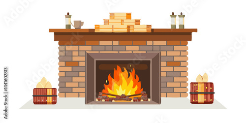 Cozy brick fireplace with burning fire
