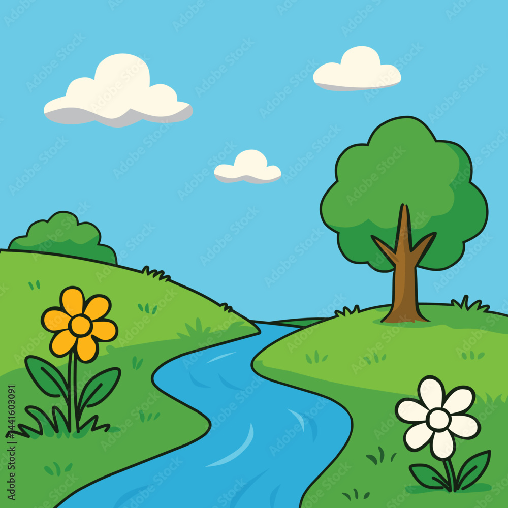 Fototapeta premium Simple Cartoon Landscape Vector Illustration Featuring Winding River Green Hills Trees Flowers and Puffy Clouds