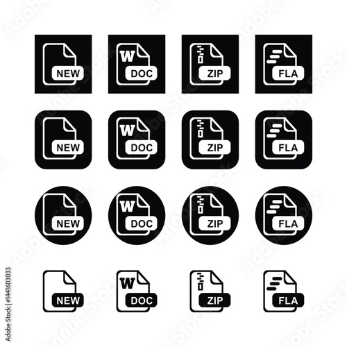 File Format Icons For New Doc Zip And Fla Files In Black And White