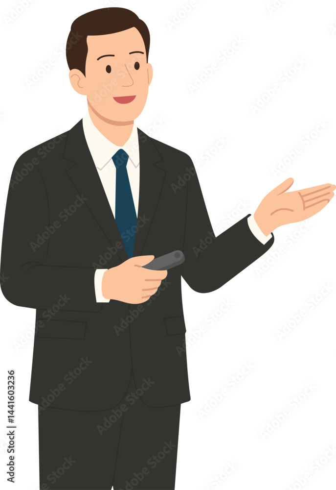 Businessman presenting with remote pointer. Office male character in black suit standing isolated, flat style.직장인,회사원,소개하는,정장입은,발표하는,사람,일러스트,벡터 Businessman presenting with remote pointer. Office male character in black suit standing isolated, flat style.직장인,회사원,소개하는,정장입은,발표하는,사람,일러스트,벡터