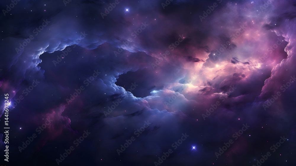 深遠な宇宙空間の雲と星々の輝き 紫と青色のカラーパレット 光が織りなす神秘的な背景 深遠な宇宙空間の雲と星々の輝き 紫と青色のカラーパレット 光が織りなす神秘的な背景