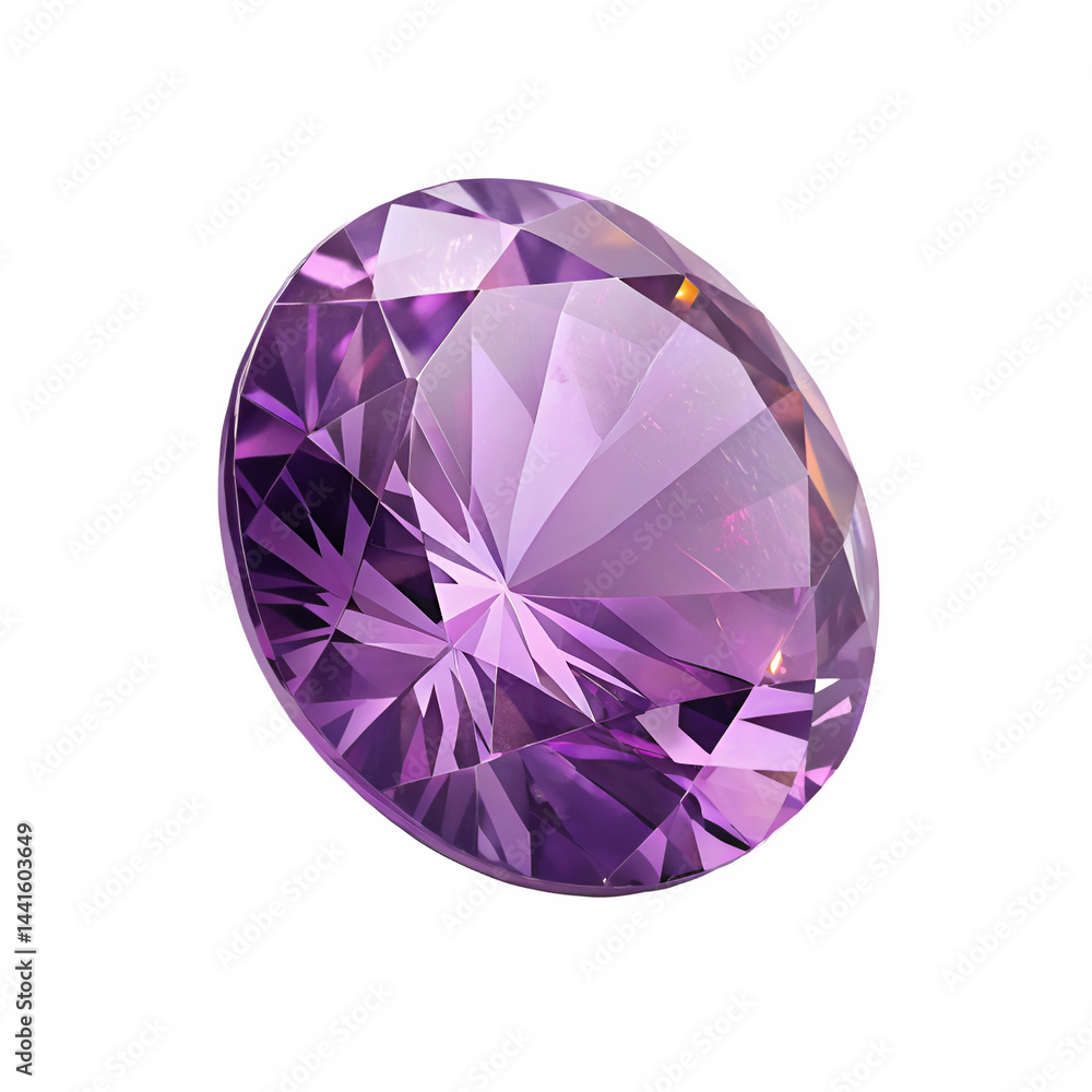 A side view of a round-cut amethyst gem, isolated, showcasing its smooth surface and vibrant purple hue. A side view of a round-cut amethyst gem, isolated, showcasing its smooth surface and vibrant purple hue.