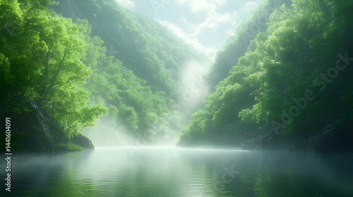 Serene morning mist shrouds a tranquil river flowing through a lush green canyon, sunlight filtering through the foliage.